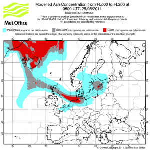 Ash cloud forecast for 6am 25th May